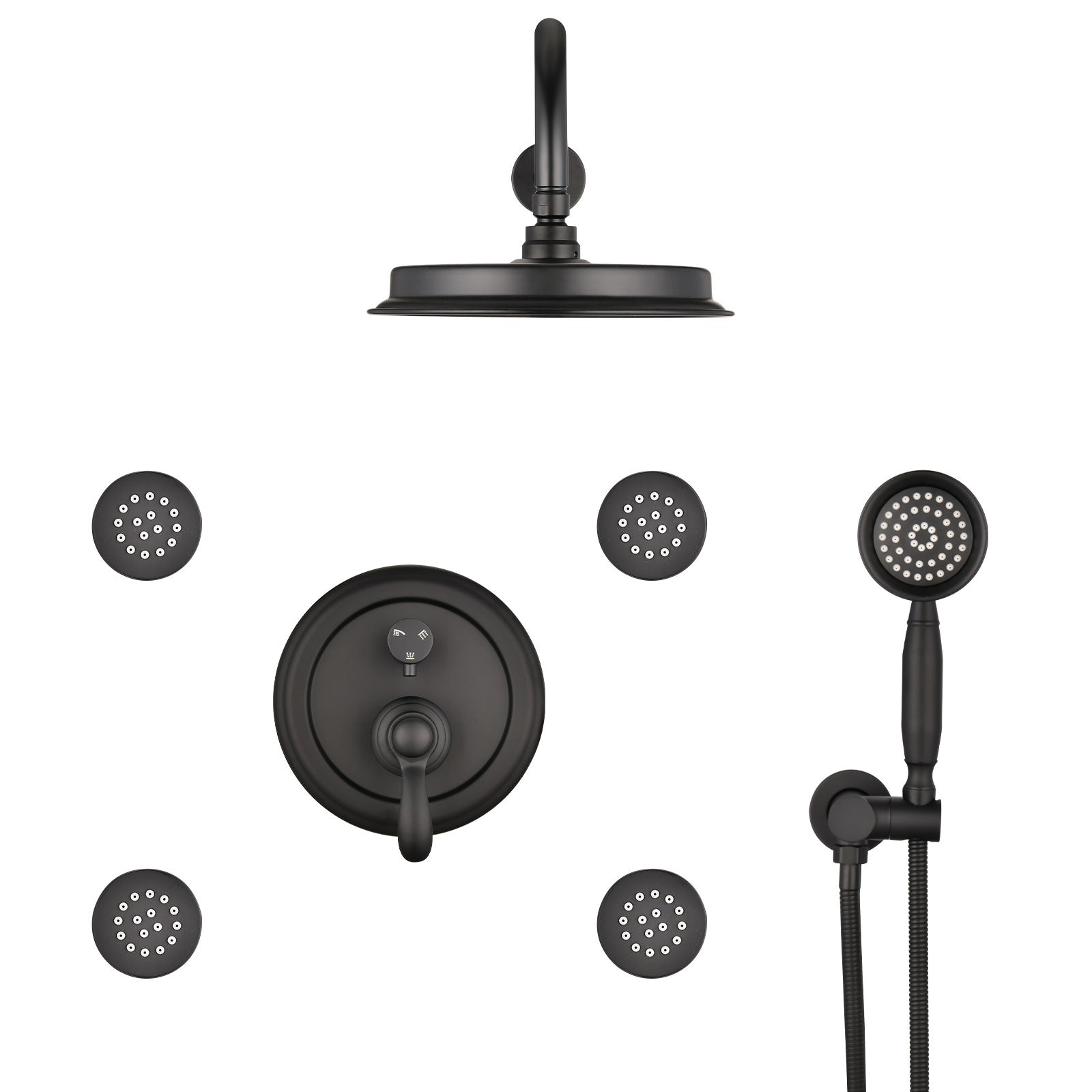 Avelar 9&quot; Matte Black Rain Shower Set with Body Jets