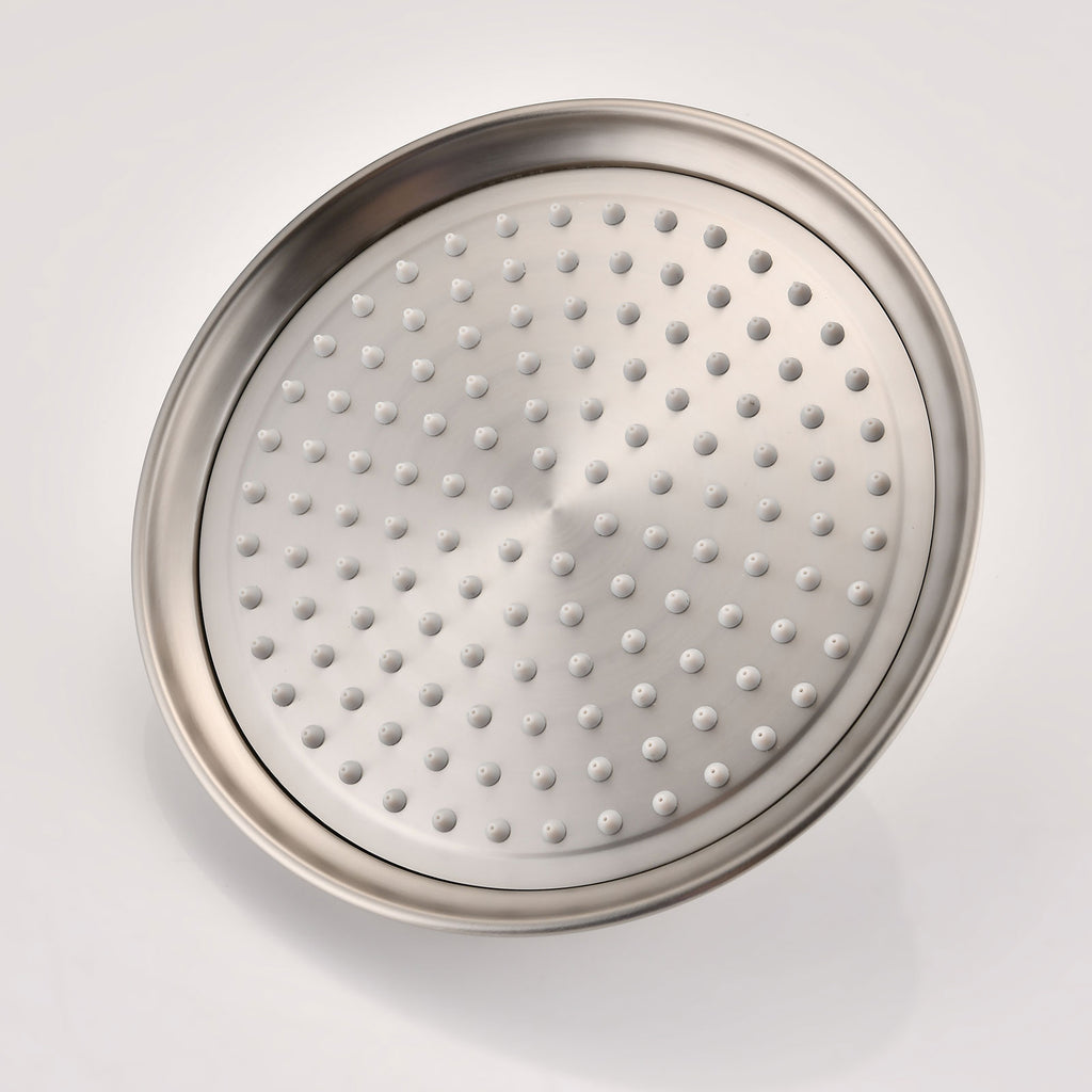 Avelar 9-inch brushed nickel rain shower head with soft rubber spray holes for easy cleaning.