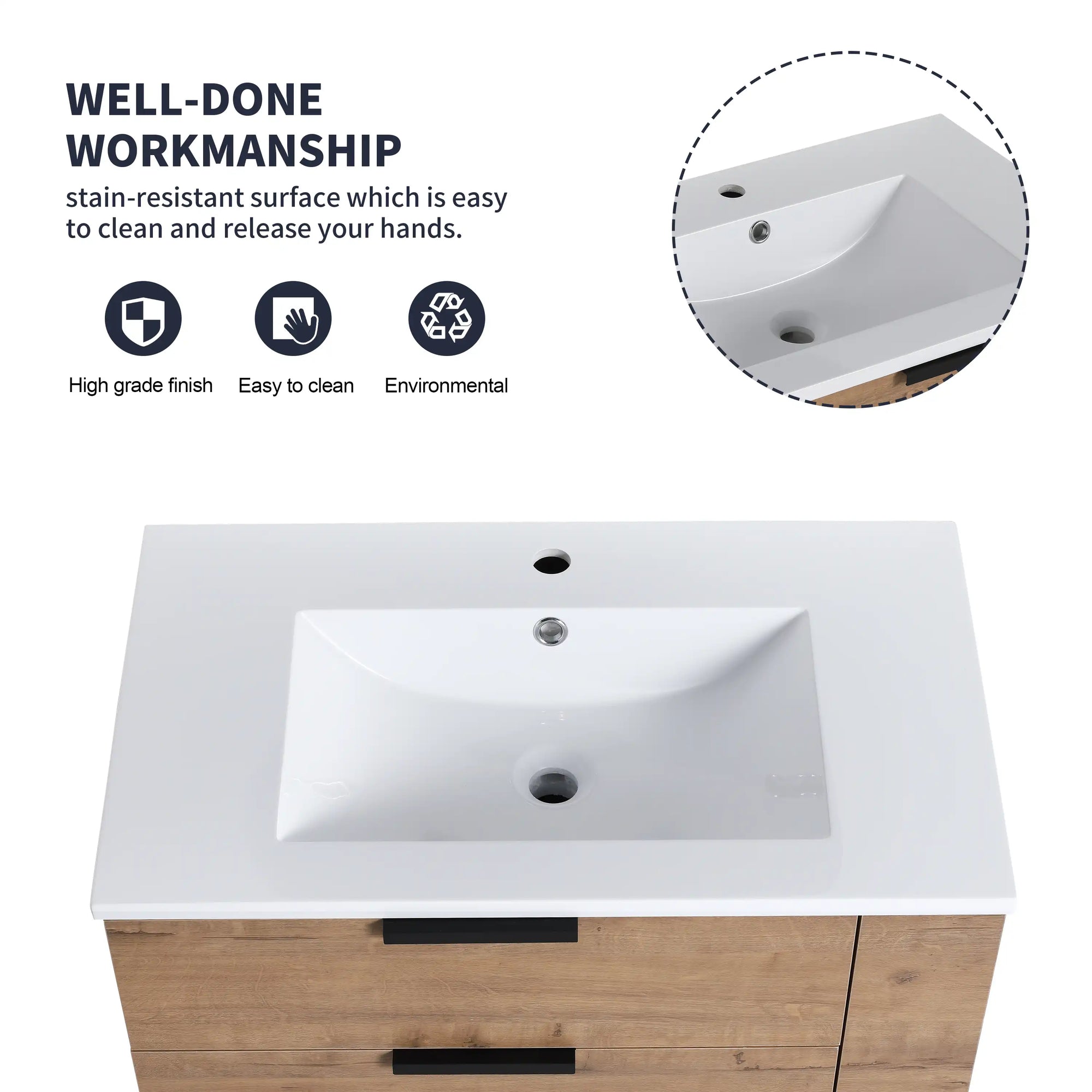 30" small bathroom vanity with drawers featuring stain-resistant resin sink and smooth countertop surface | Ace Decor