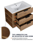 30" oak bathroom vanity with adjustable left-side shelves and smooth-glide drawers fully extended | Ace Decor