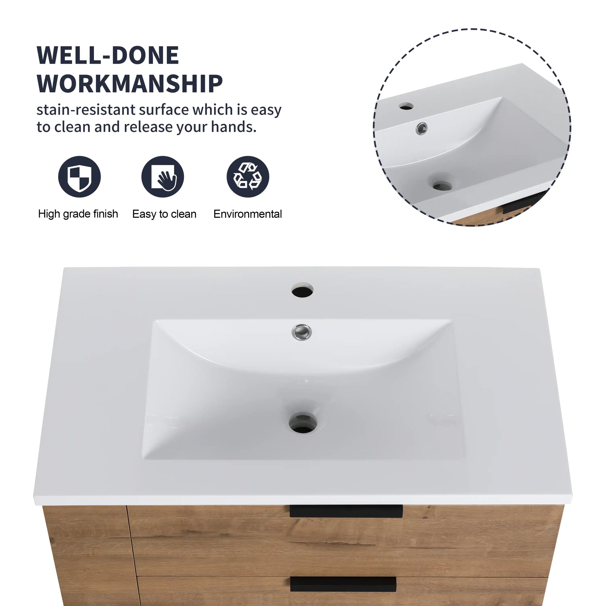30" oak bathroom vanity with integrated sink showing stain-resistant surface and clean-lined basin detail | Ace Decor