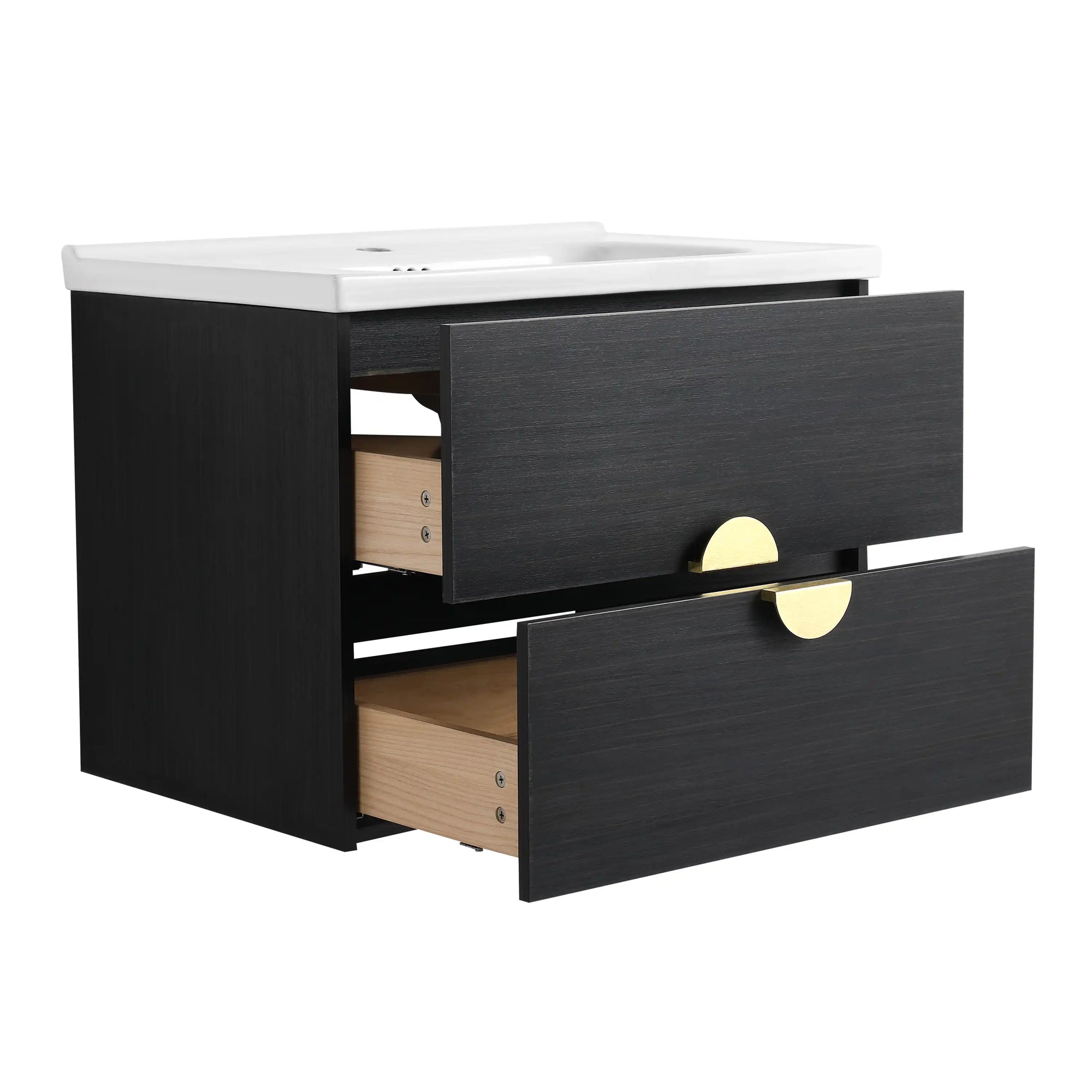 23&quot; Wall-Mounted Bathroom Sink and Vanity with Gold Handle &amp; Storage Drawers