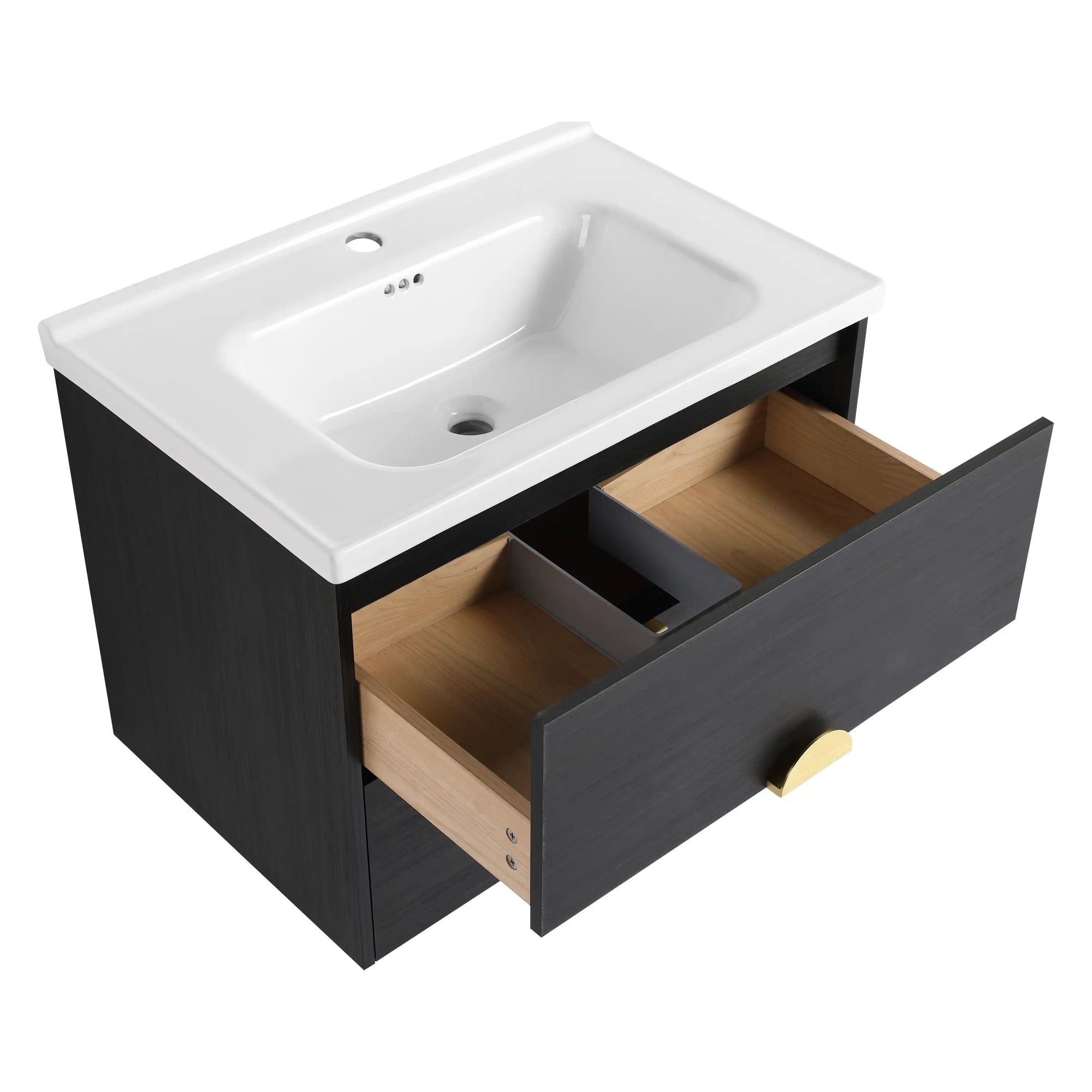 23&quot; Wall-Mounted Bathroom Sink and Vanity with Gold Handle &amp; Storage Drawers