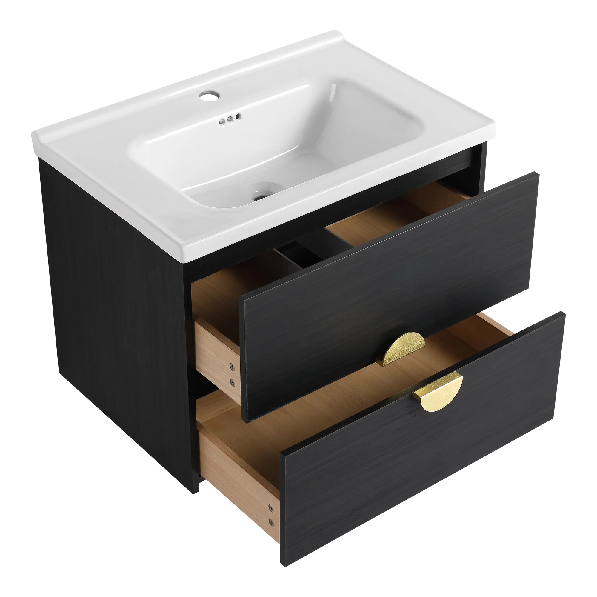 23&quot; Wall-Mounted Bathroom Sink and Vanity with Gold Handle &amp; Storage Drawers