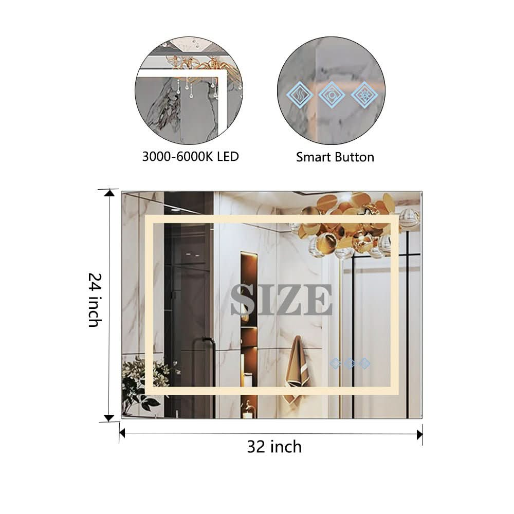 Glossy Brushed Silver LED Bathroom Mirror with Anti-Fog &amp; Dimmable Lighting size: 32 X 24