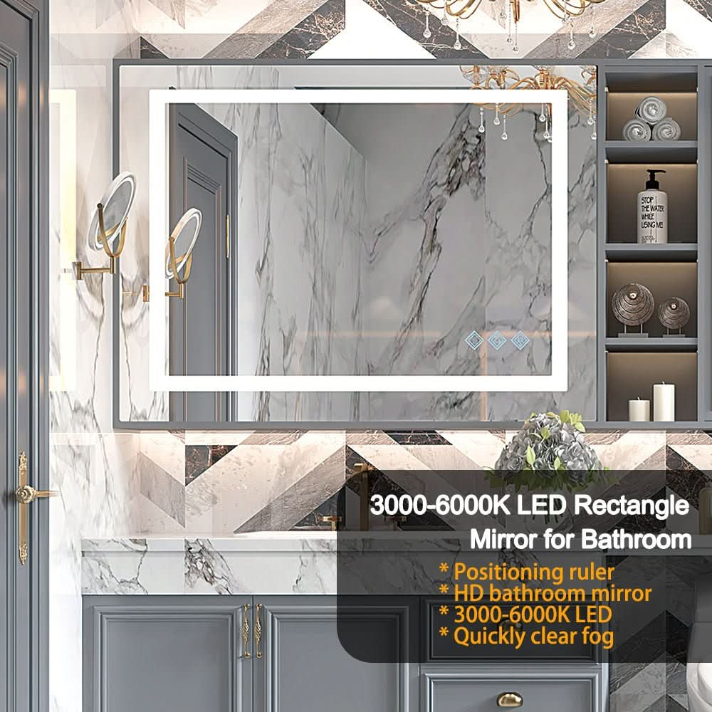 Glossy Brushed Silver LED Bathroom Mirror with Anti-Fog & Dimmable Lighting size: 32 X 24