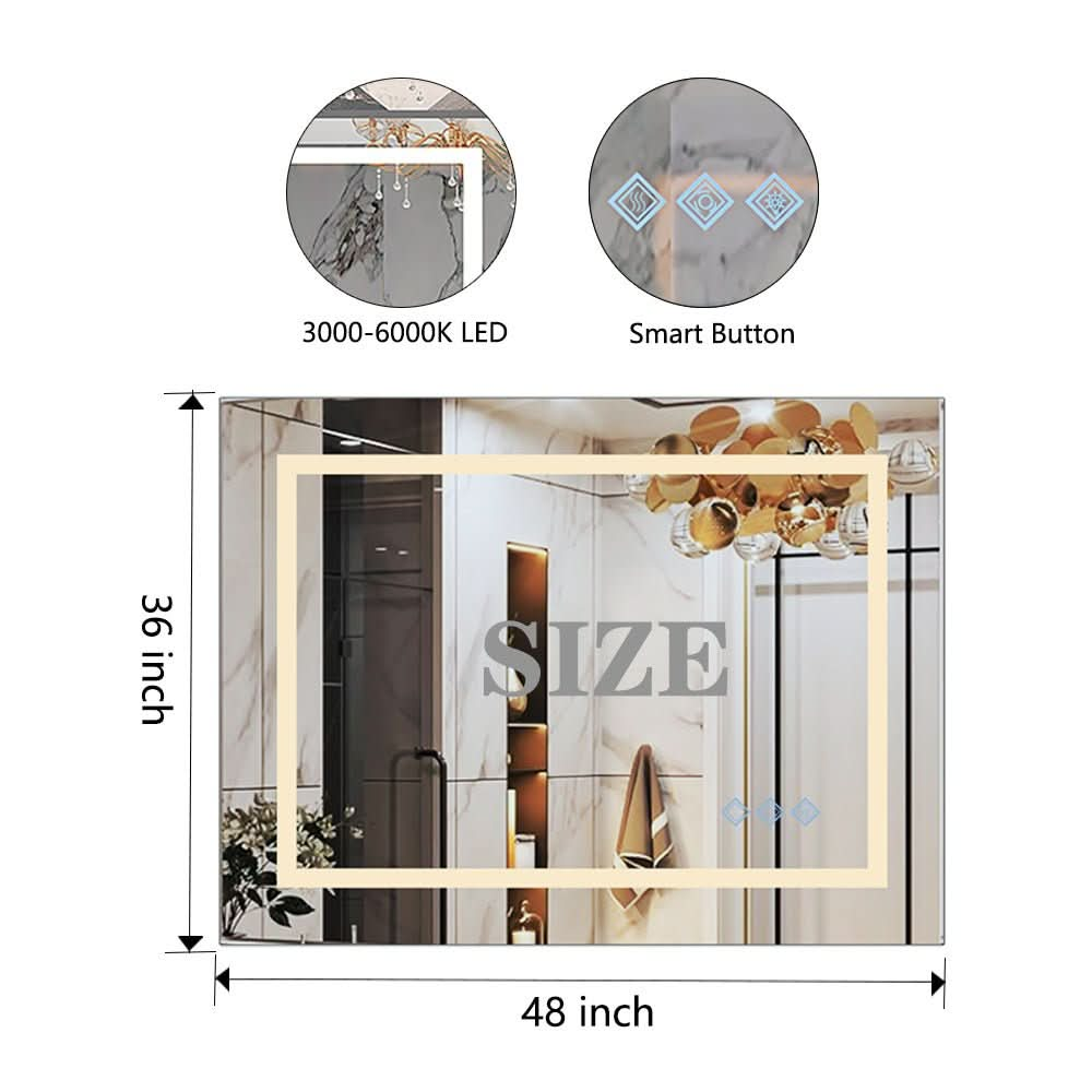 Glossy Brushed Silver LED Bathroom Mirror with Anti-Fog &amp; Dimmable Lighting size: 48 X 36