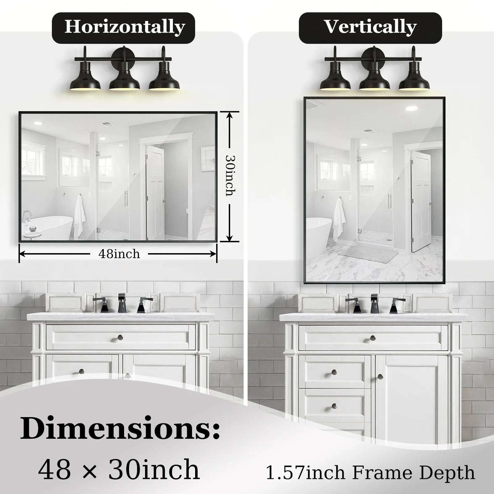 Noir Series 48x30 black rectangular mirror with beveled edge, shown installed both vertically and horizontally.