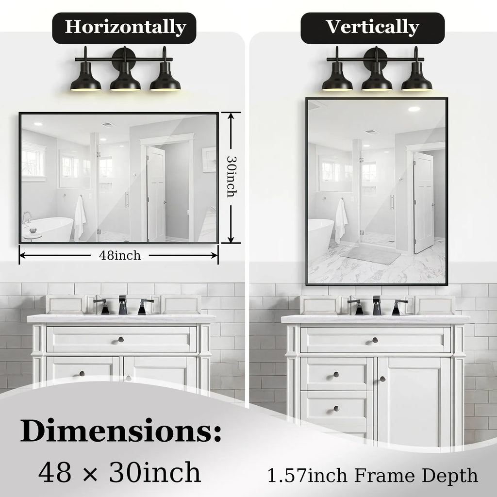 Noir Series 48x30 black rectangular mirror with beveled edge, shown installed both vertically and horizontally.