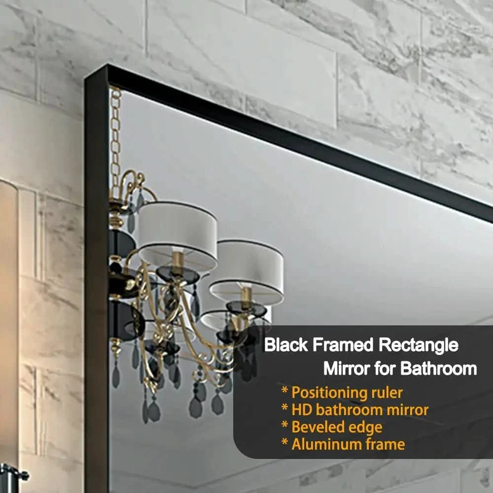 Glossy Black Rectangular Bathroom Mirror with Metal Frame color: Black