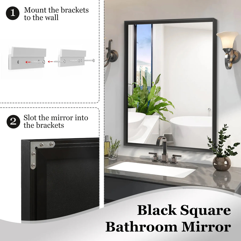 Noir Series black rectangular beveled-edge mirror installation guide showing two steps: mounting brackets to wall and slotting mirror into them, with finished bathroom example.
