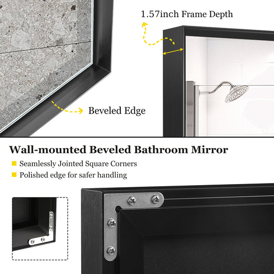 Glossy Black Rectangular Bathroom Mirror with Metal Frame color: Black