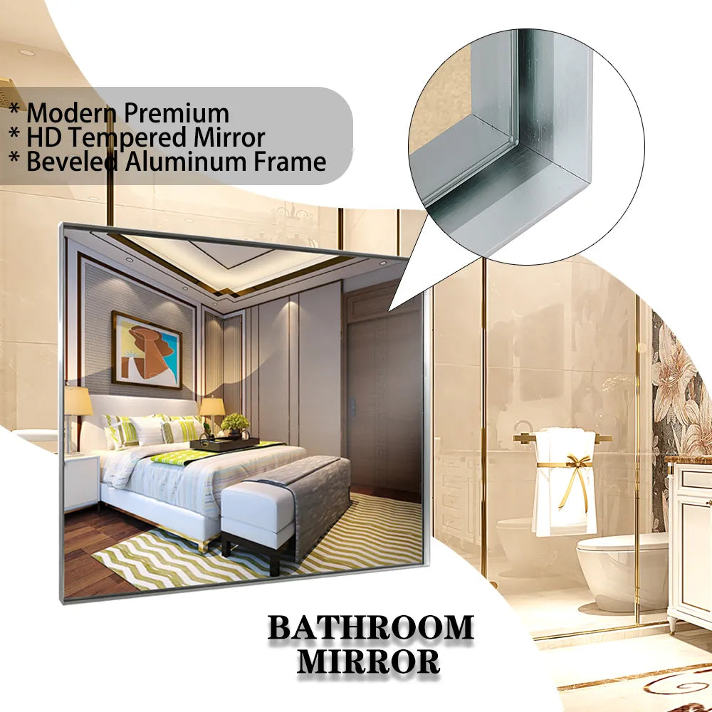 Silvara Series Silver Framed Bathroom Mirror close-up highlighting its aluminum frame, HD tempered mirror, and modern premium features in a clean infographic layout.