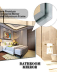 Silvara Series Silver Framed Bathroom Mirror close-up highlighting its aluminum frame, HD tempered mirror, and modern premium features in a clean infographic layout.