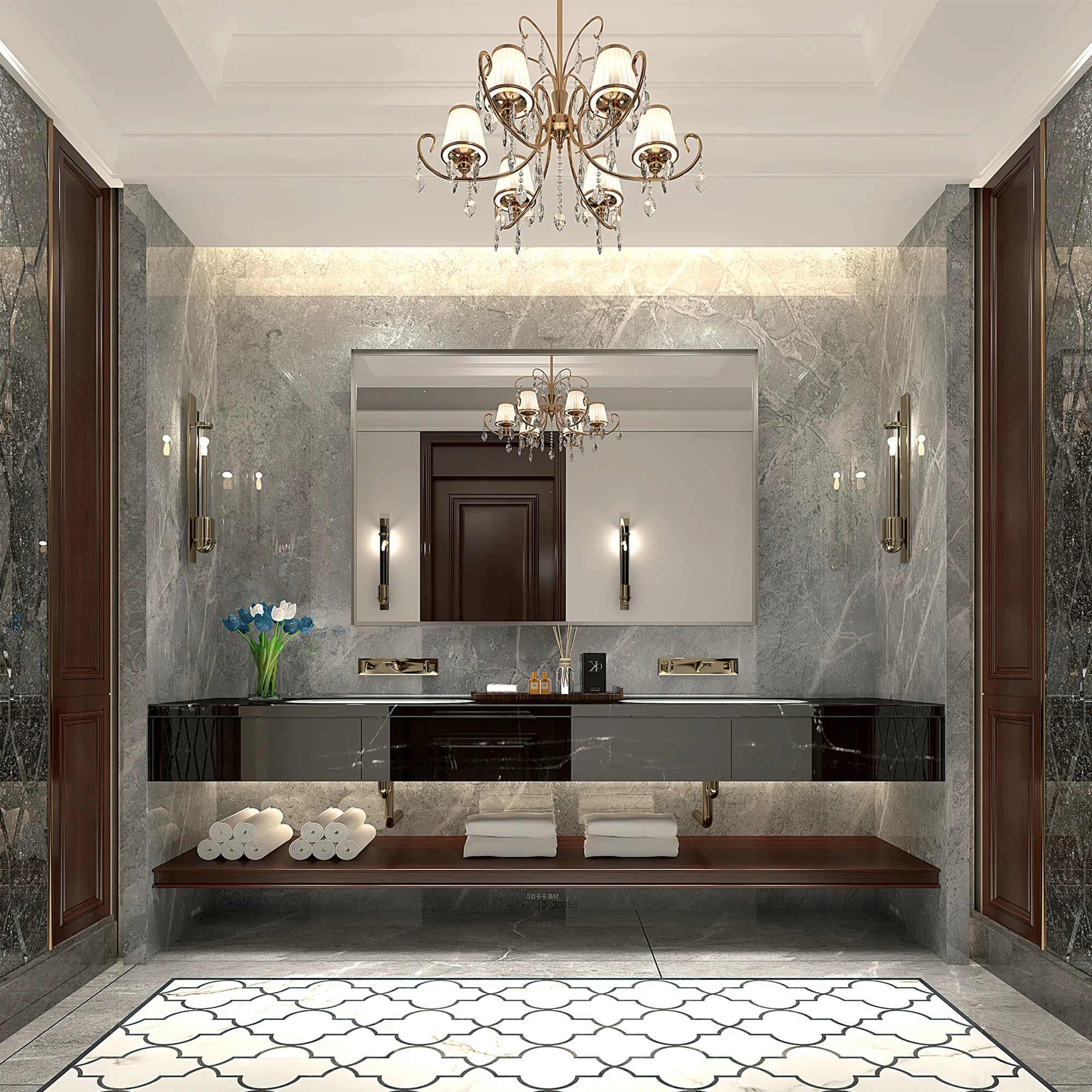 Silvara Series Silver Framed Rectangular Bathroom Mirror installed on a grey marble wall in a luxurious bathroom with gold sconces, crystal chandelier, and a double vanity.
