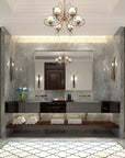 Silvara Series Silver Framed Rectangular Bathroom Mirror installed on a grey marble wall in a luxurious bathroom with gold sconces, crystal chandelier, and a double vanity.