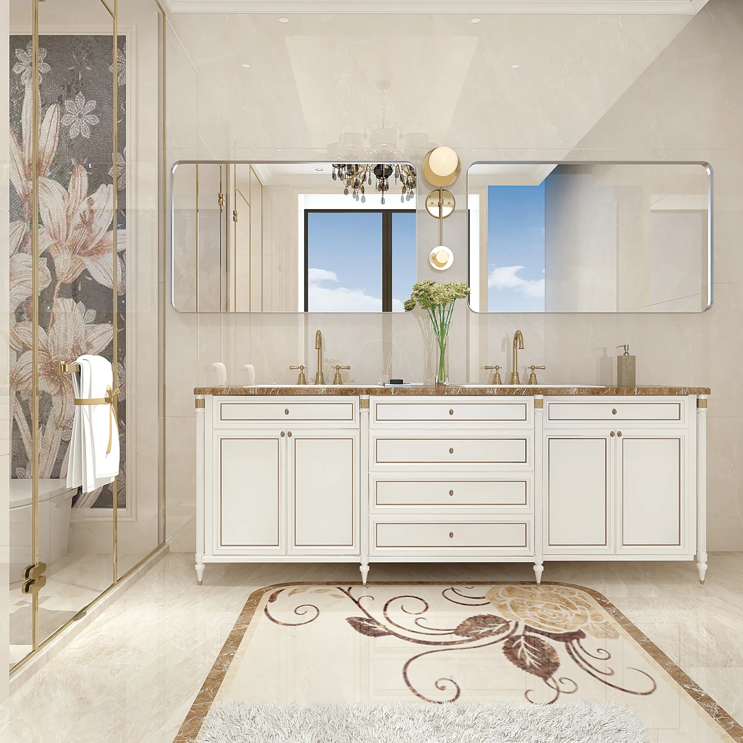 Lunare Series framed mirror in a luxury bathroom reflecting window with natural light, marble countertops, and elegant circular lighting.