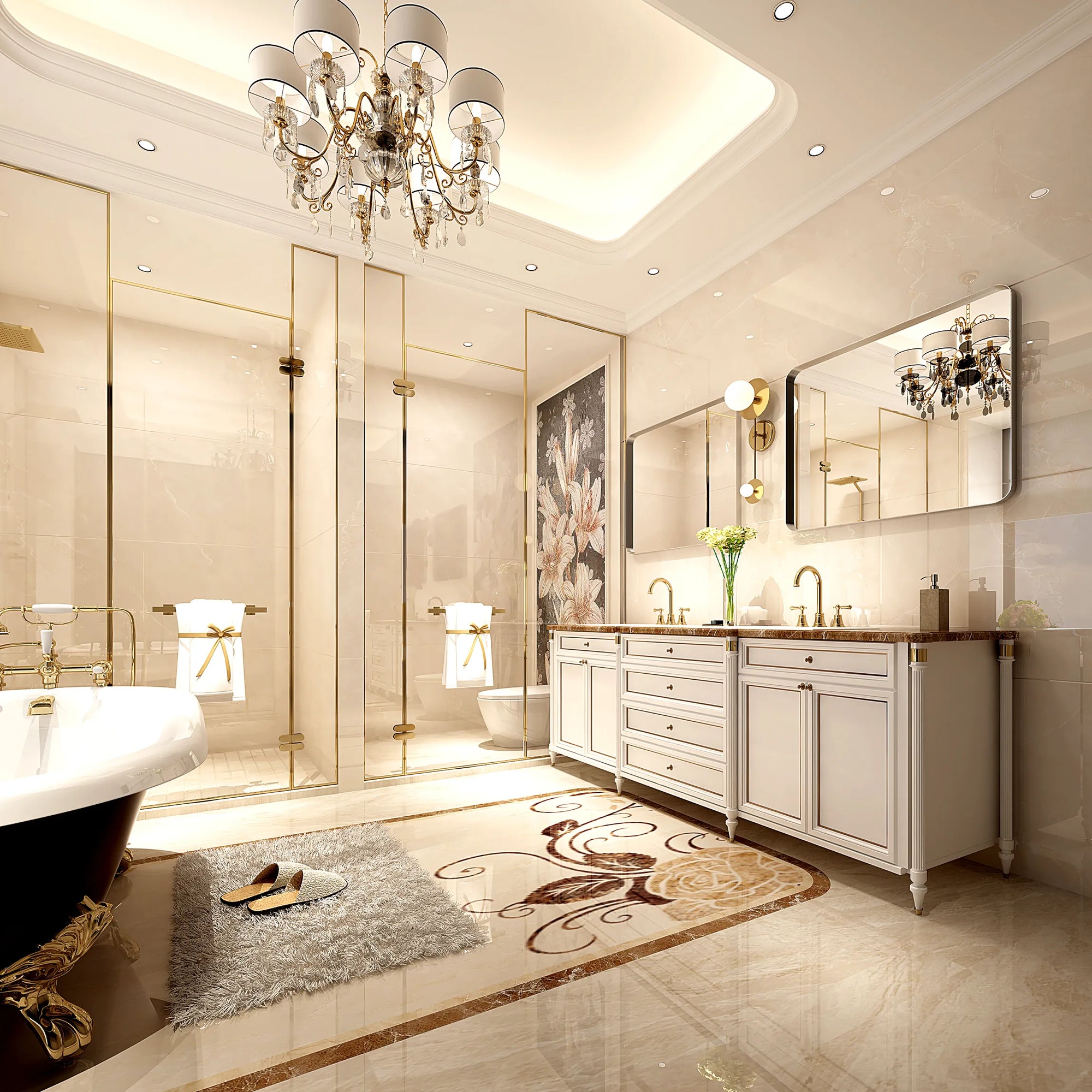 Lunare brushed silver rounded rectangle bathroom mirror mounted above a double vanity in an elegant modern bathroom.