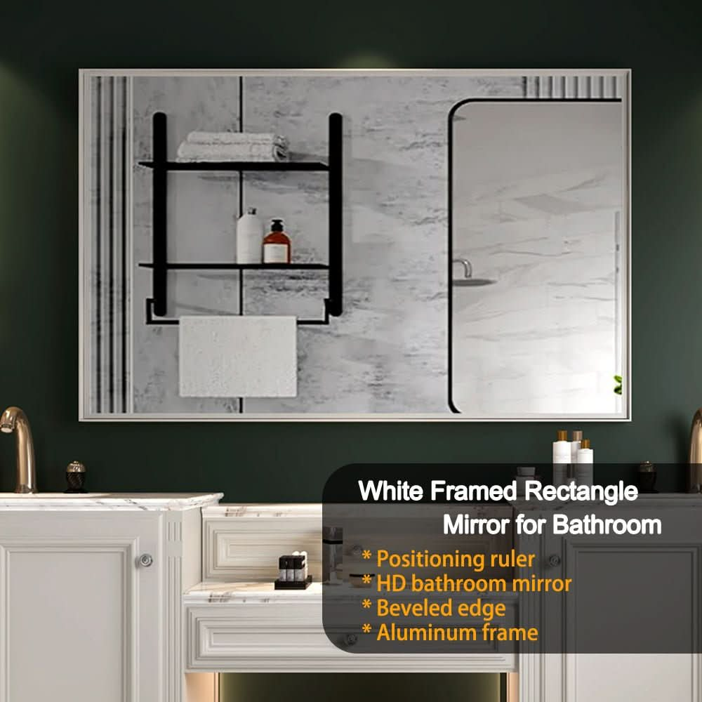 40x30 Inch Glossy White Rectangular Wall-Mounted Bathroom Mirror with Beveled Edges color: White