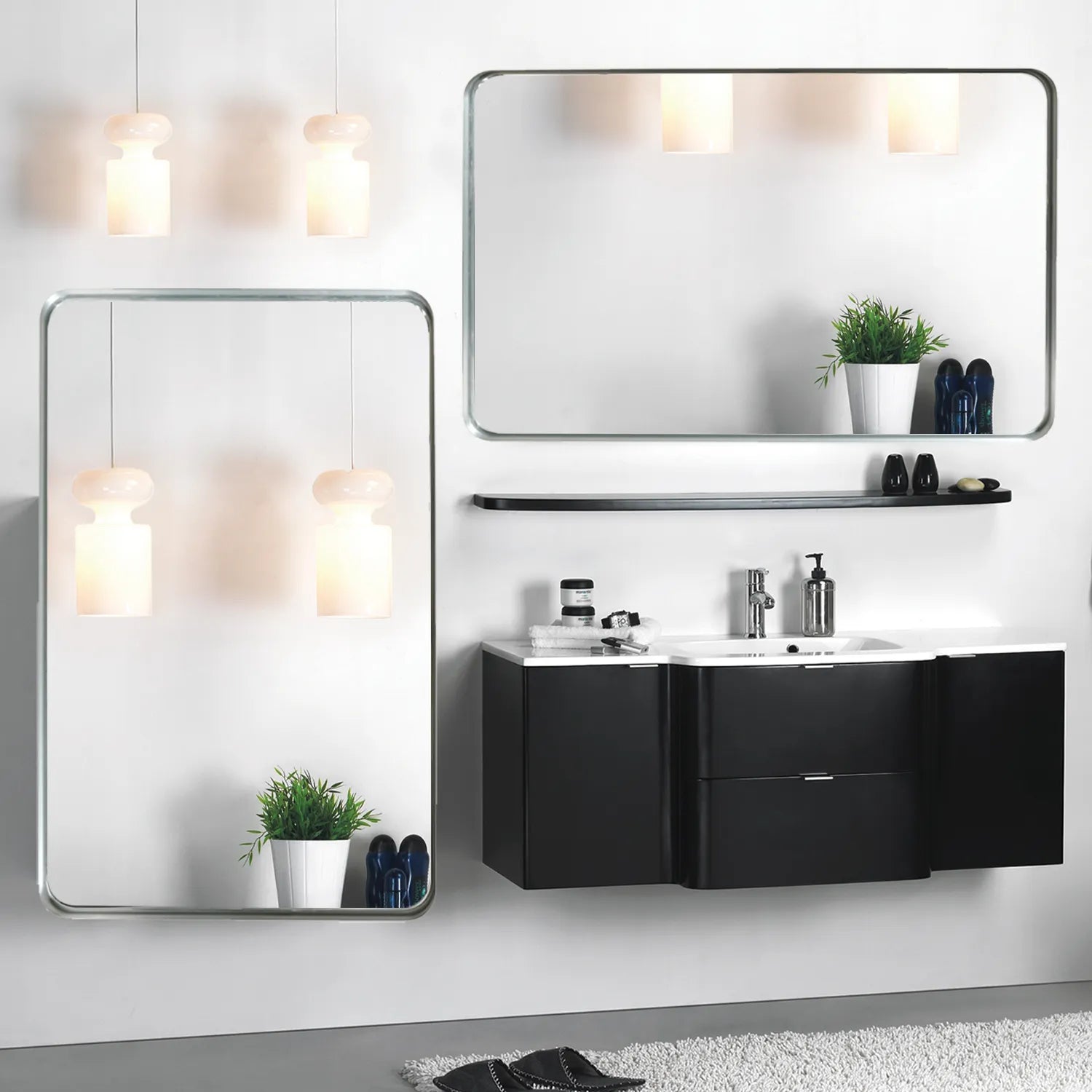 Lunare Series mirror demonstrates flexible horizontal and vertical installation options.