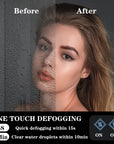 Optera LED mirror one-touch defogging feature comparison, showing quick 15s clearing of fog and 10min clearing water droplets for a clear reflection.