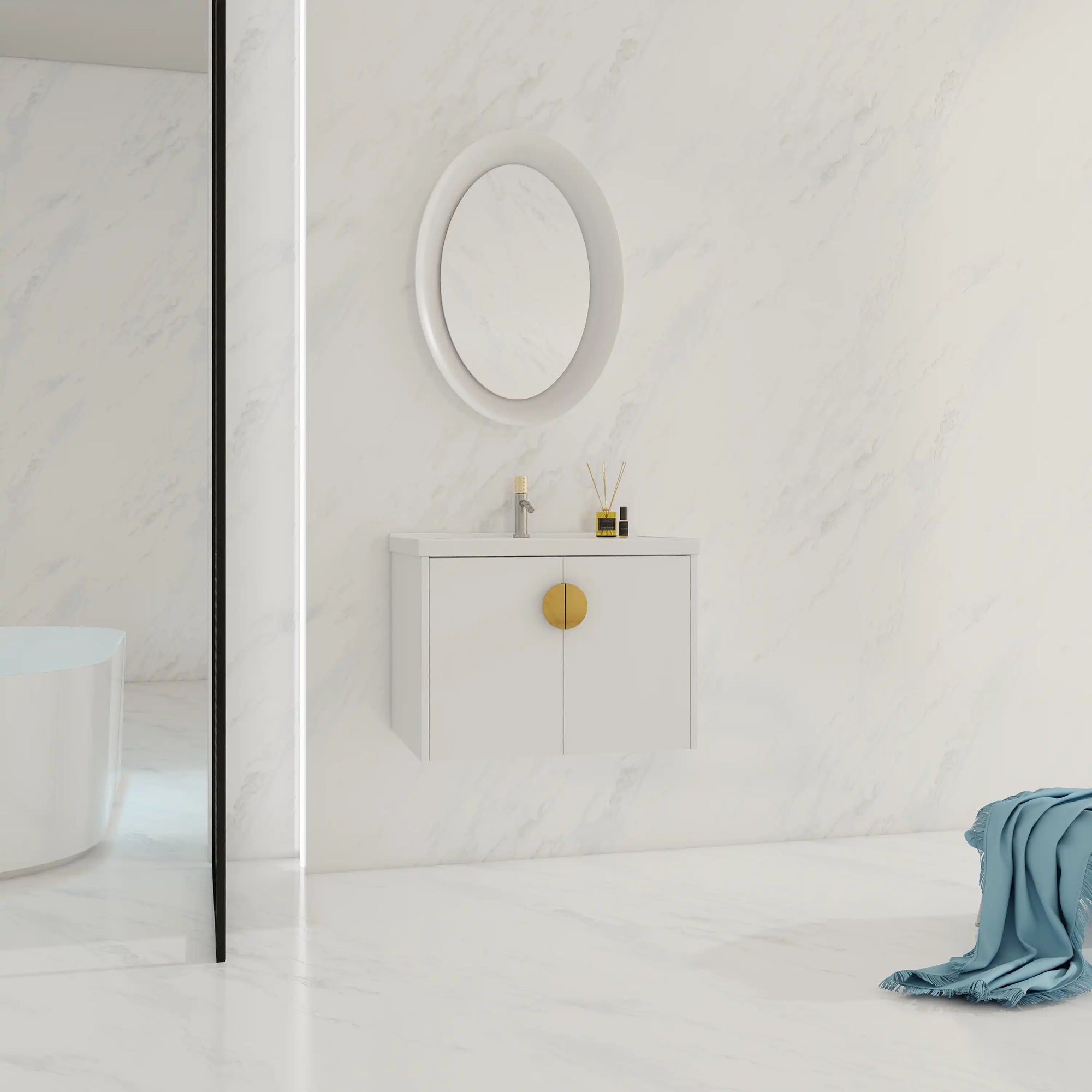 28 inch small floating vanity with brass handle installed in a modern bathroom | Ace Decor