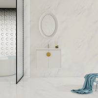 Front view of 28 inch small floating vanity with brass handle in minimalist bathroom | Ace Decor