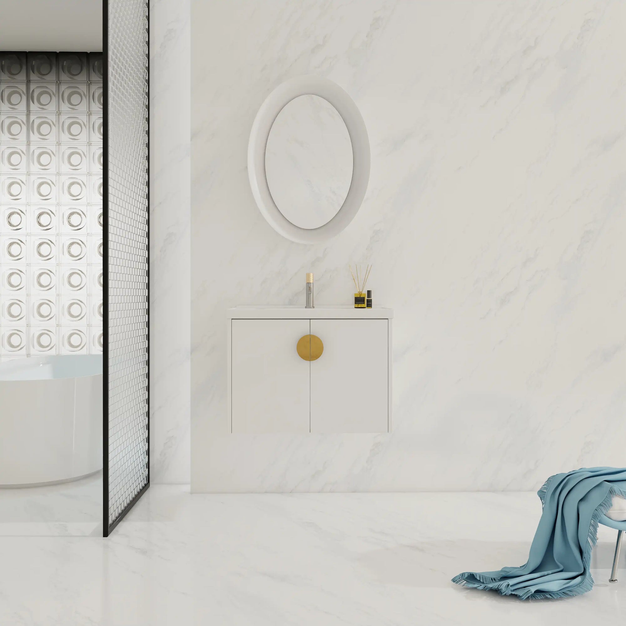 Front view of 28 inch small floating vanity with brass handle in minimalist bathroom | Ace Decor