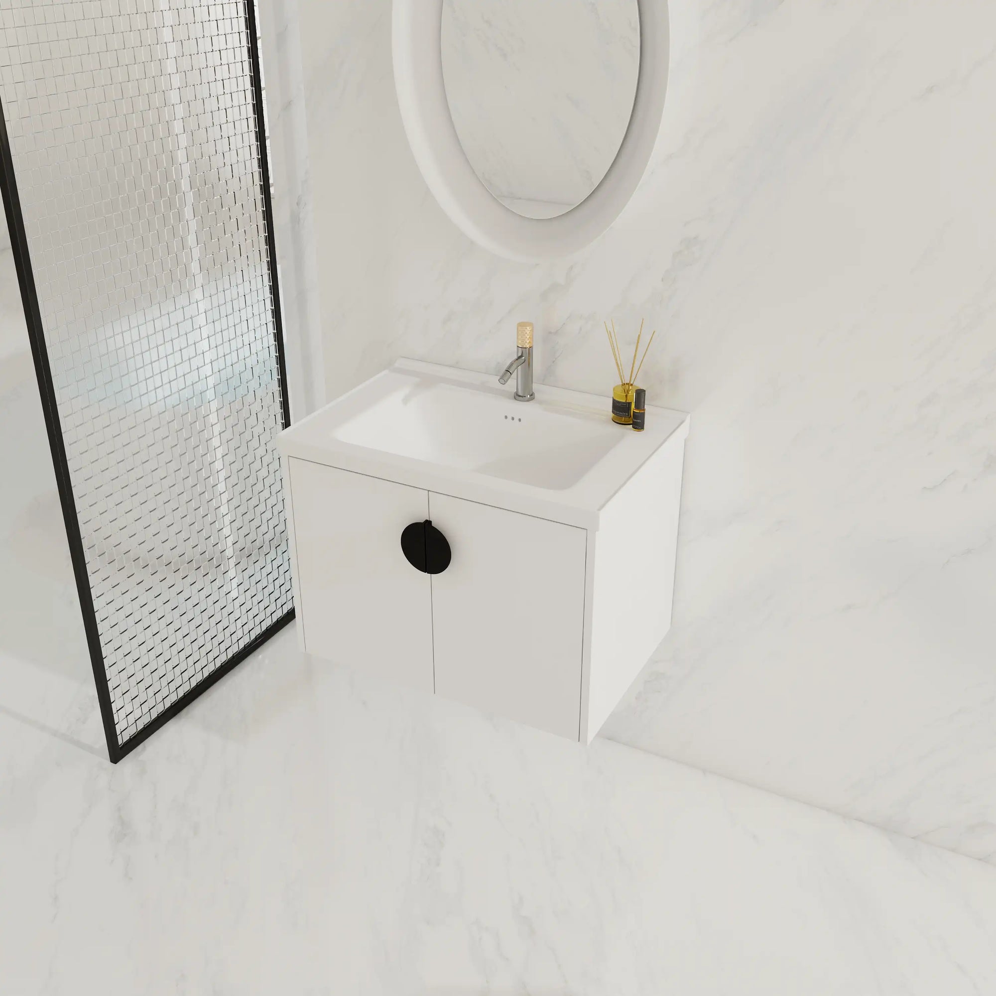 28 inch small floating vanity with black handle in a clean modern bathroom | Ace Decor