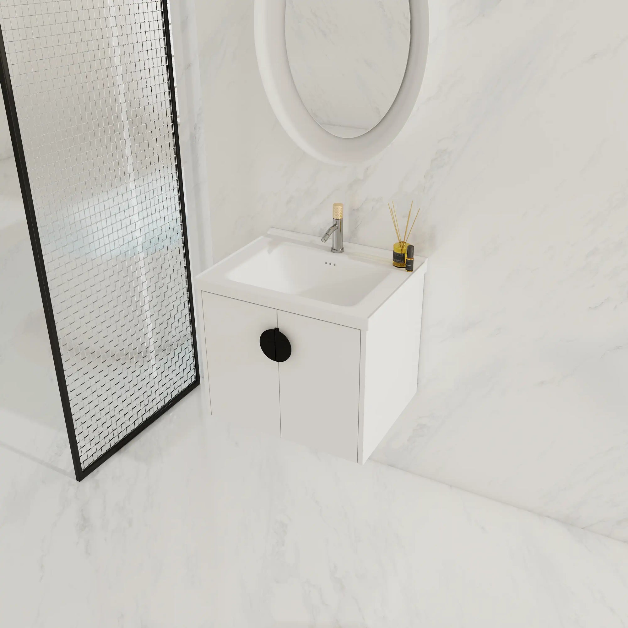 Civetta-Plain Series 24" White Floating Bathroom Vanity with Round Brass Handle &amp; Integrated Sink