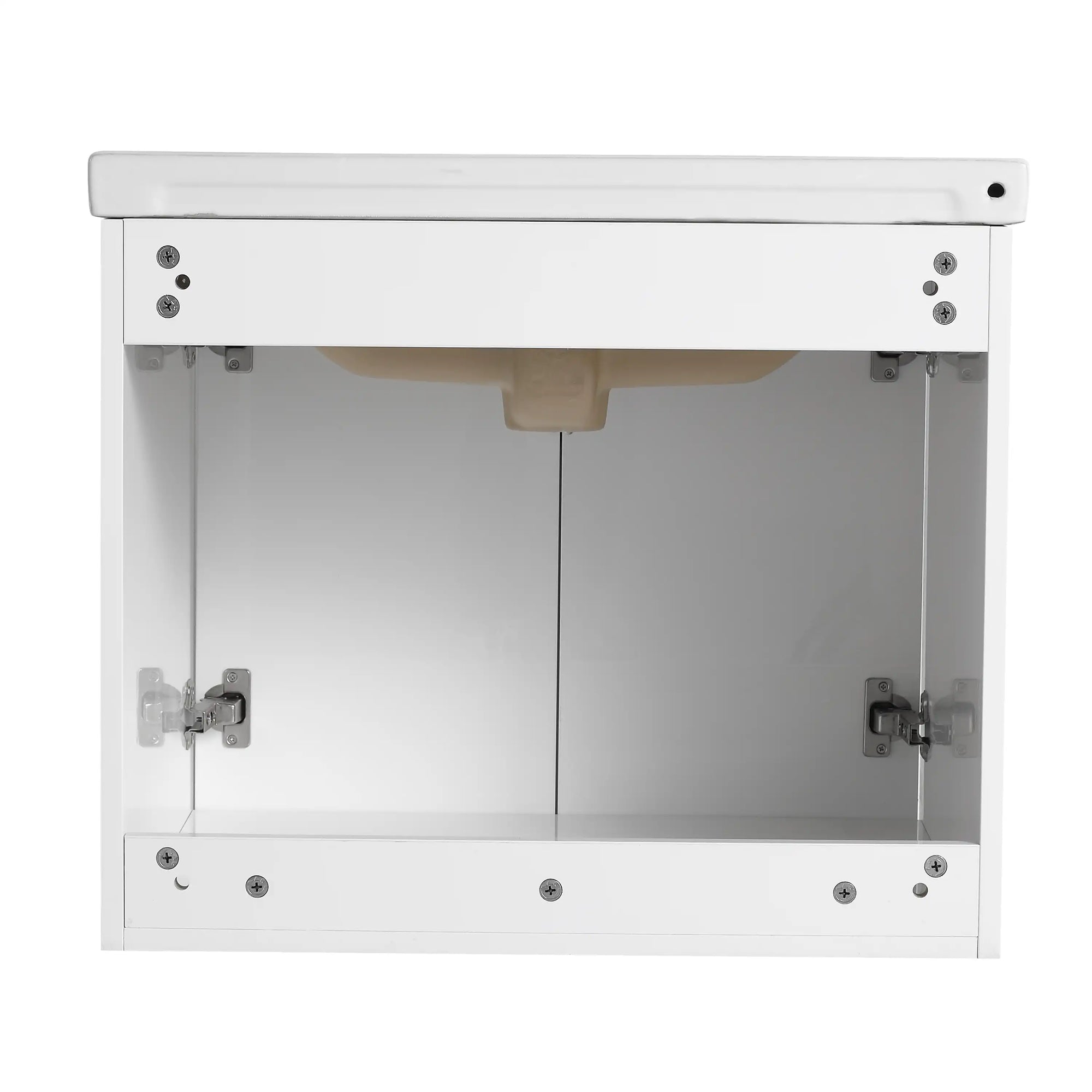 Interior structure of 24 inch floating bathroom vanity showing open cabinet space | Ace Decor