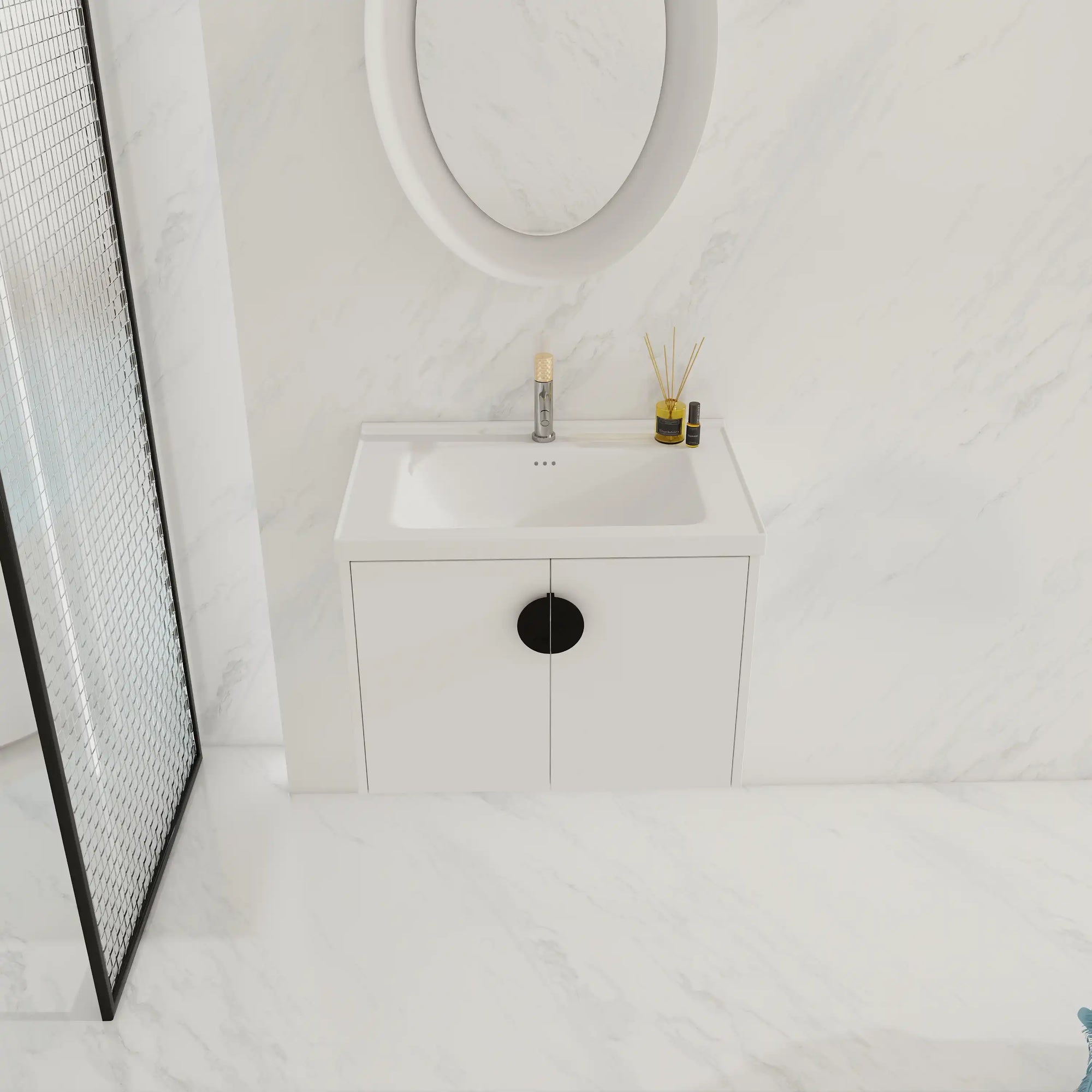 Bathroom scene featuring 28 inch small floating vanity with black handle option | Ace Decor