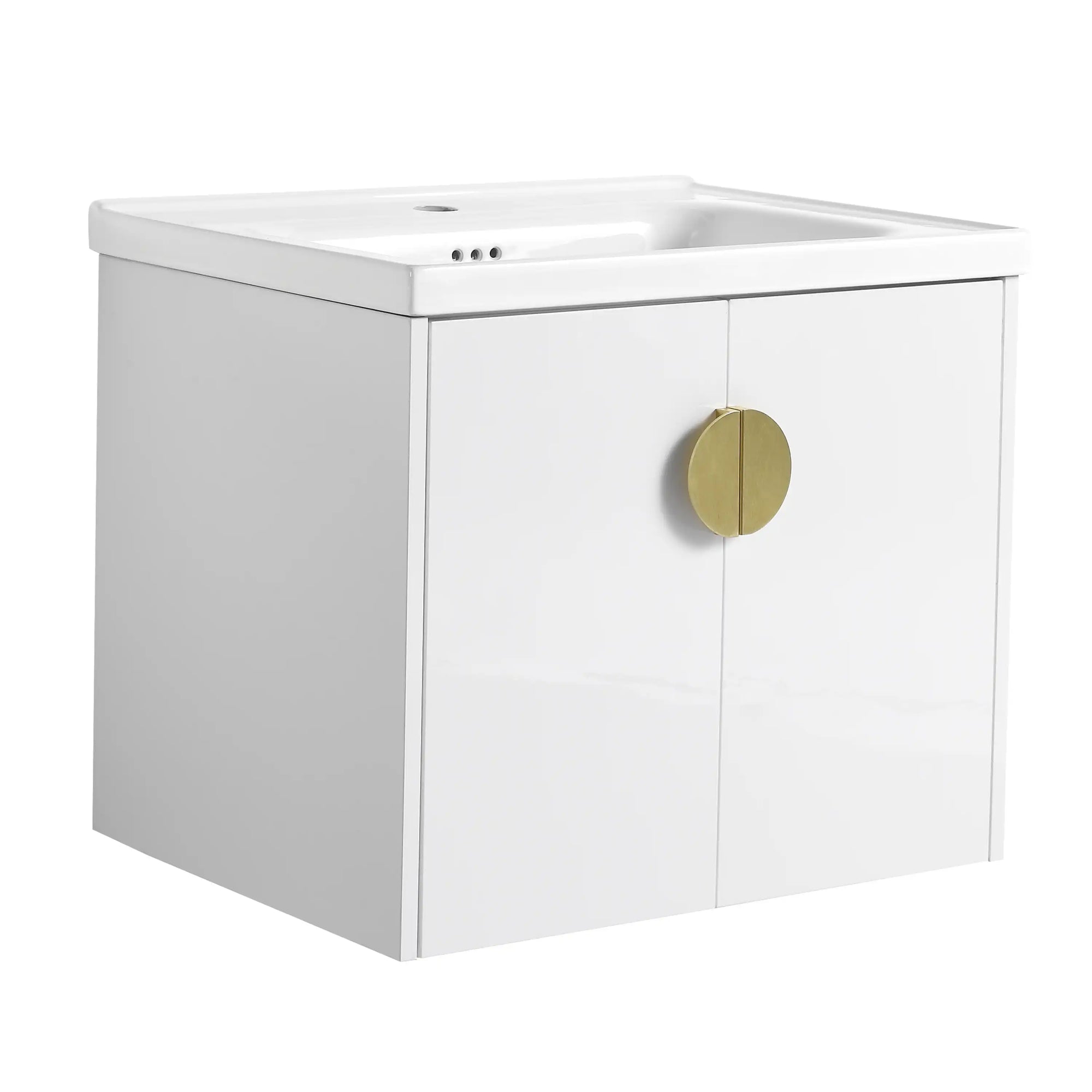 24 inch white floating bathroom vanity with gold round handle | Ace Decor