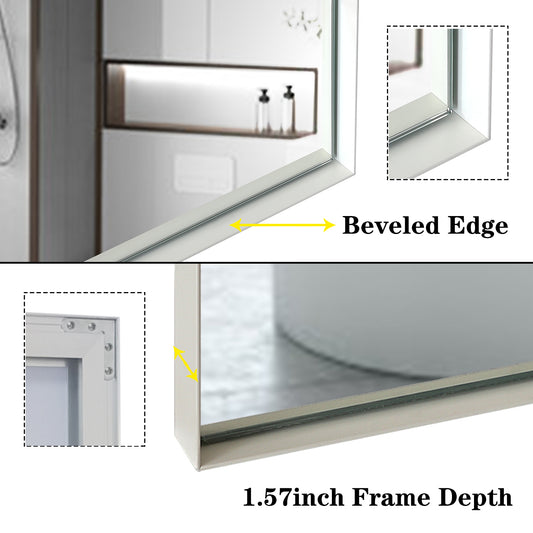 40x30 Inch Glossy White Rectangular Wall-Mounted Bathroom Mirror with Beveled Edges color: White