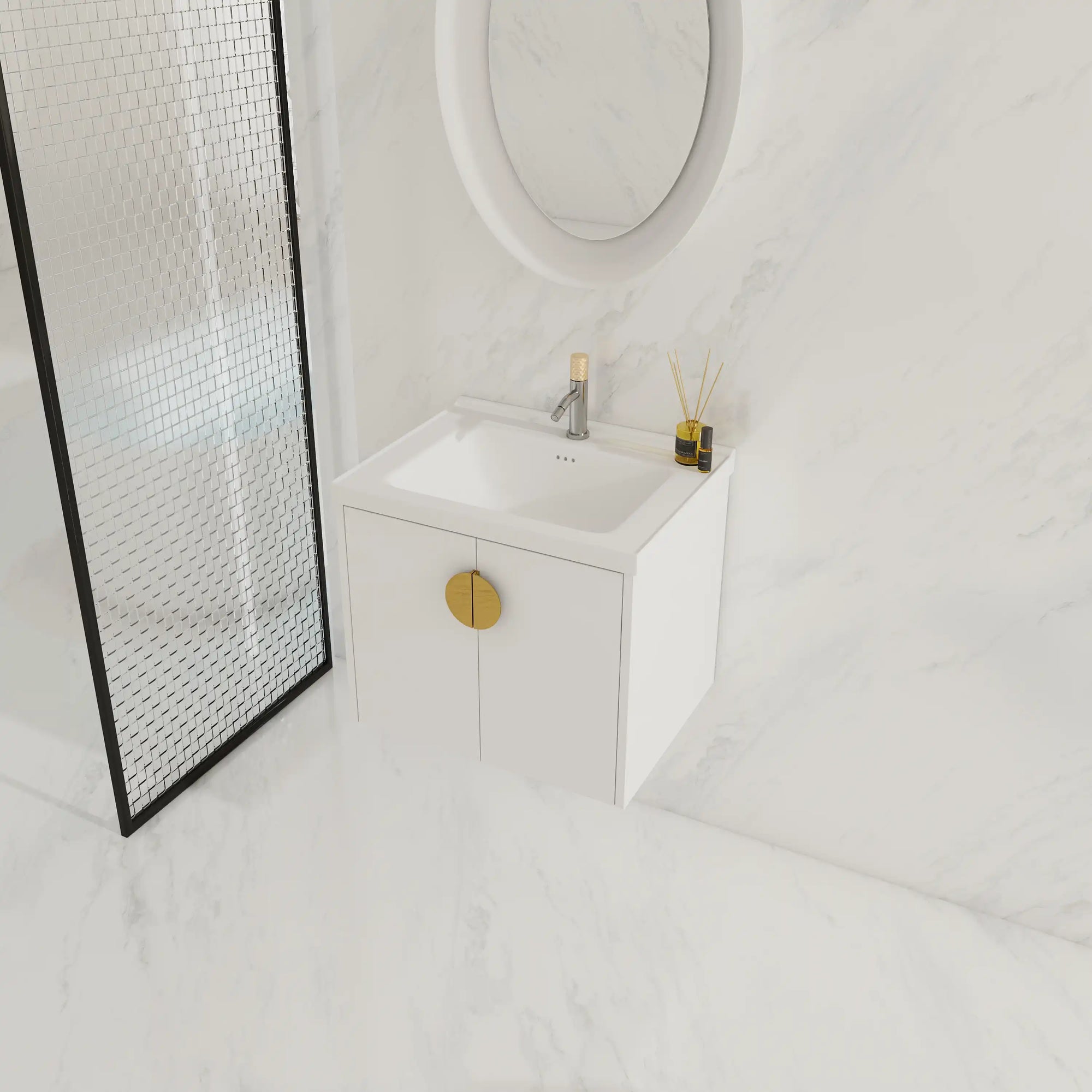 24 inch floating bathroom vanity shown in a modern bathroom setting with gold handle | Ace Decor