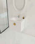 24 inch floating bathroom vanity shown in a modern bathroom setting with gold handle | Ace Decor