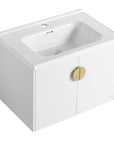 Angled view of 28 inch small floating vanity with brass handle and ceramic sink | Ace Decor