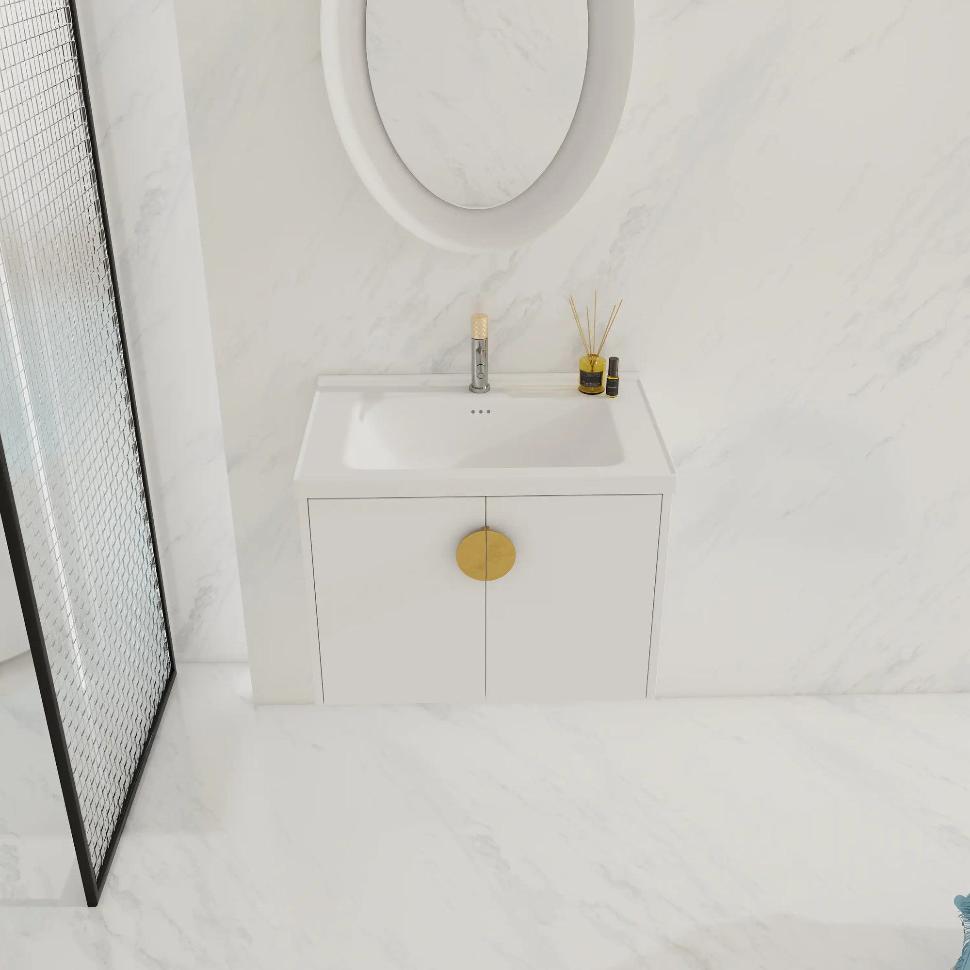 Top view of 28 inch small floating vanity with brass handle and ceramic sink | Ace Decor