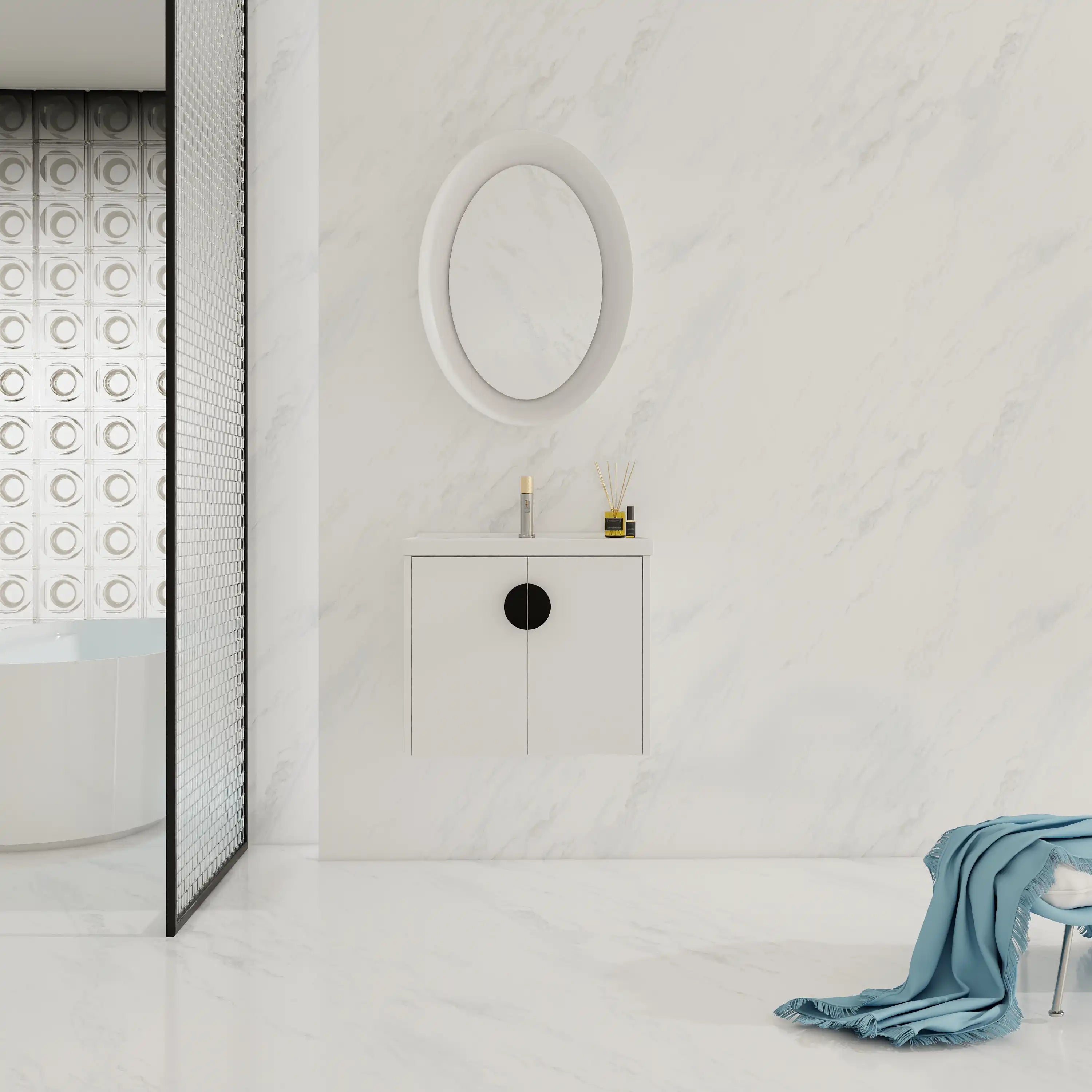 24 inch floating bathroom vanity with black handle in a minimalist bathroom | Ace Decor