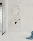24 inch floating bathroom vanity with black handle in a minimalist bathroom | Ace Decor