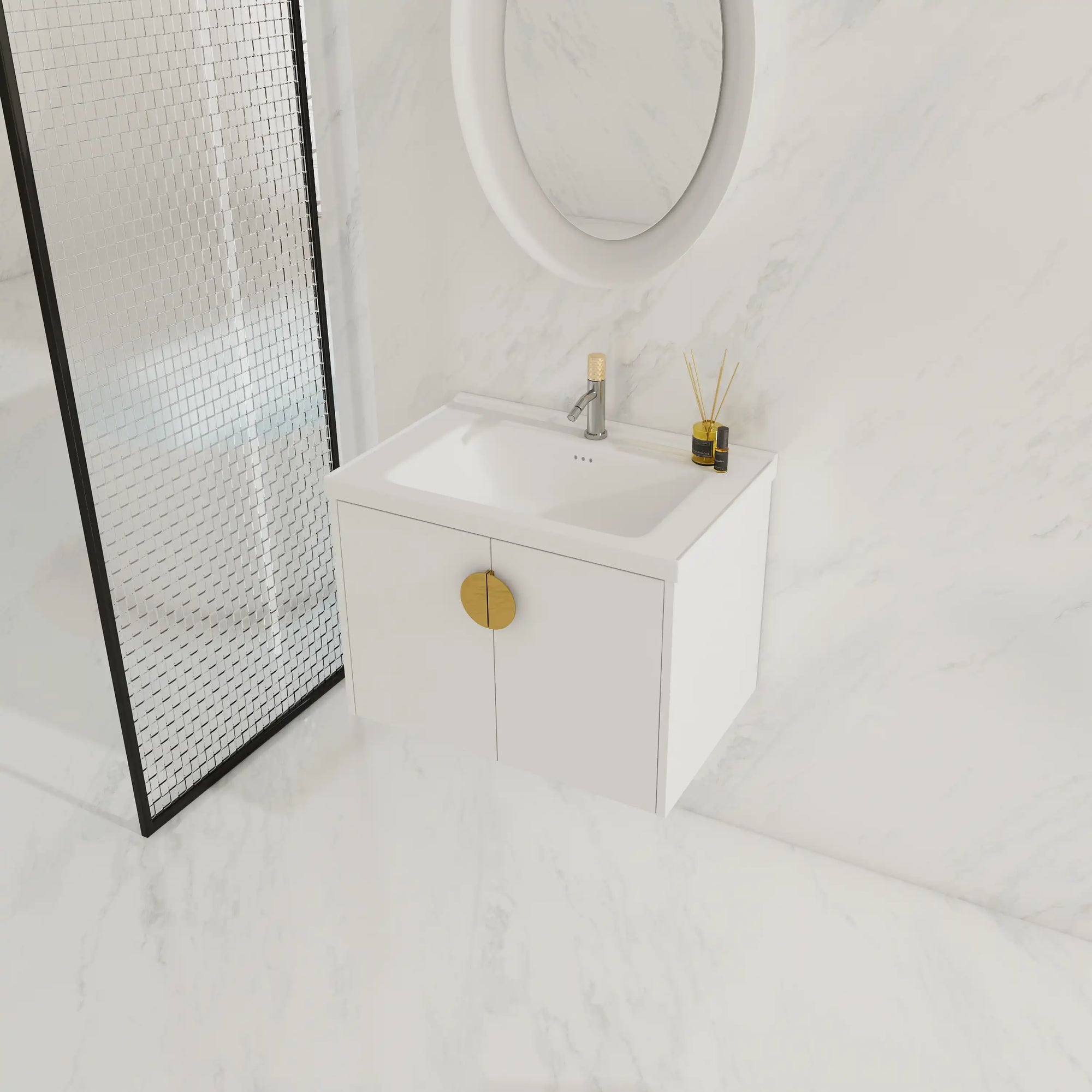 Bathroom scene featuring 28 inch small floating vanity with brass handle | Ace Decor