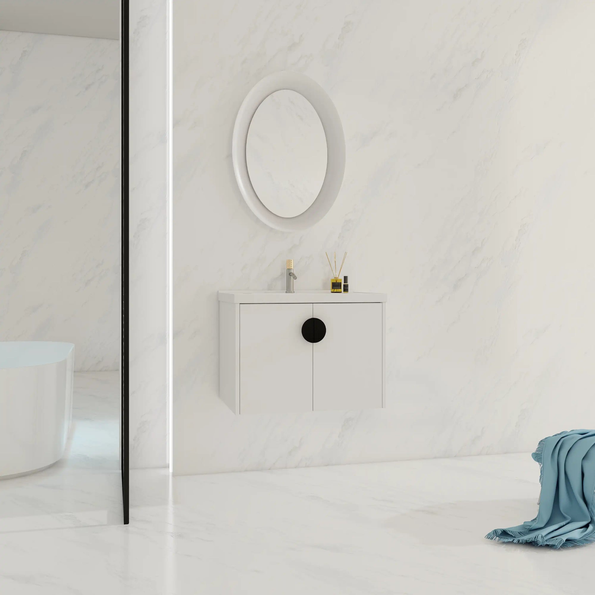 Modern bathroom with 28 inch small floating vanity and black handle option | Ace Decor