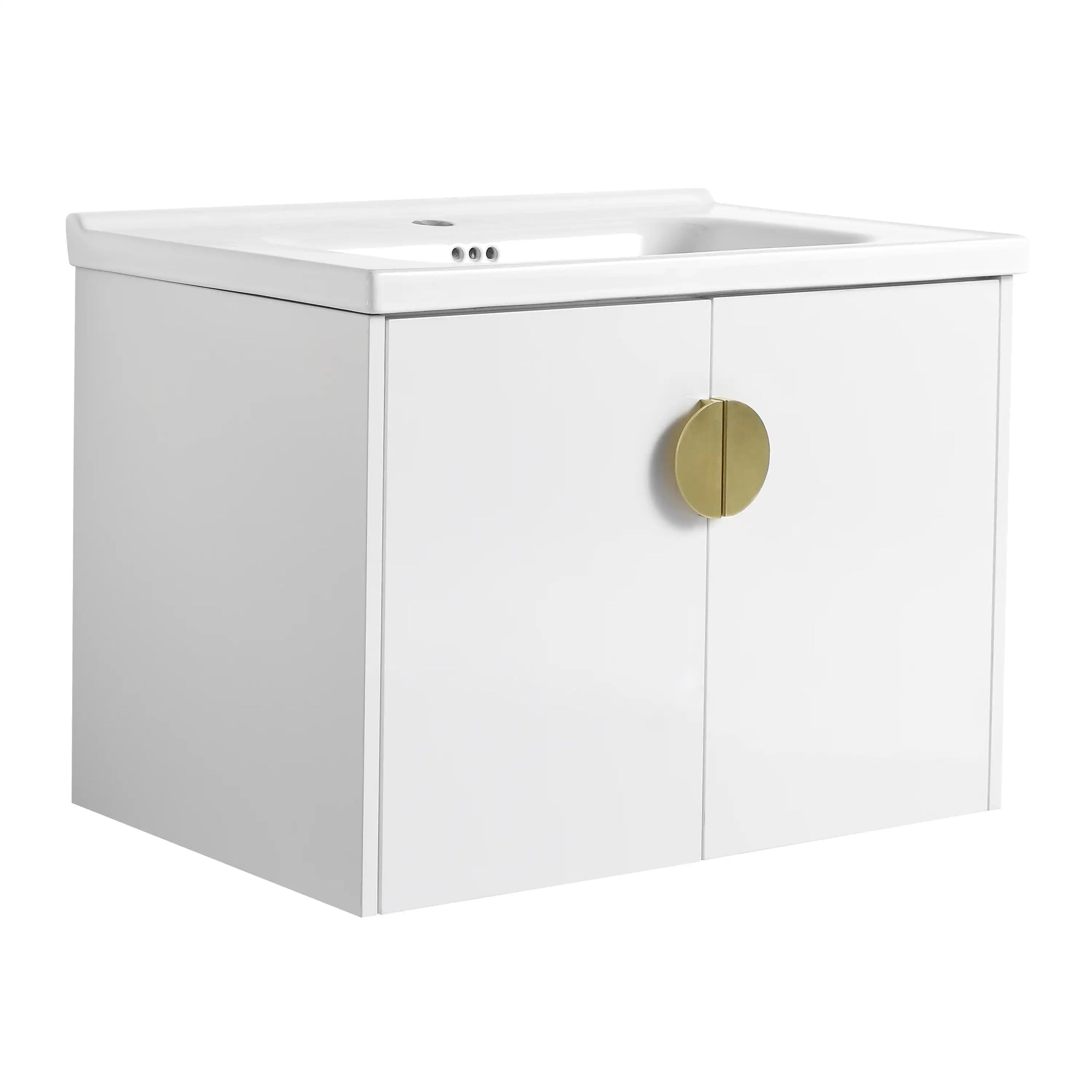 Side view of 28 inch small floating vanity with brass handle and integrated sink | Ace Decor