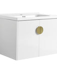 Side view of 28 inch small floating vanity with brass handle and integrated sink | Ace Decor