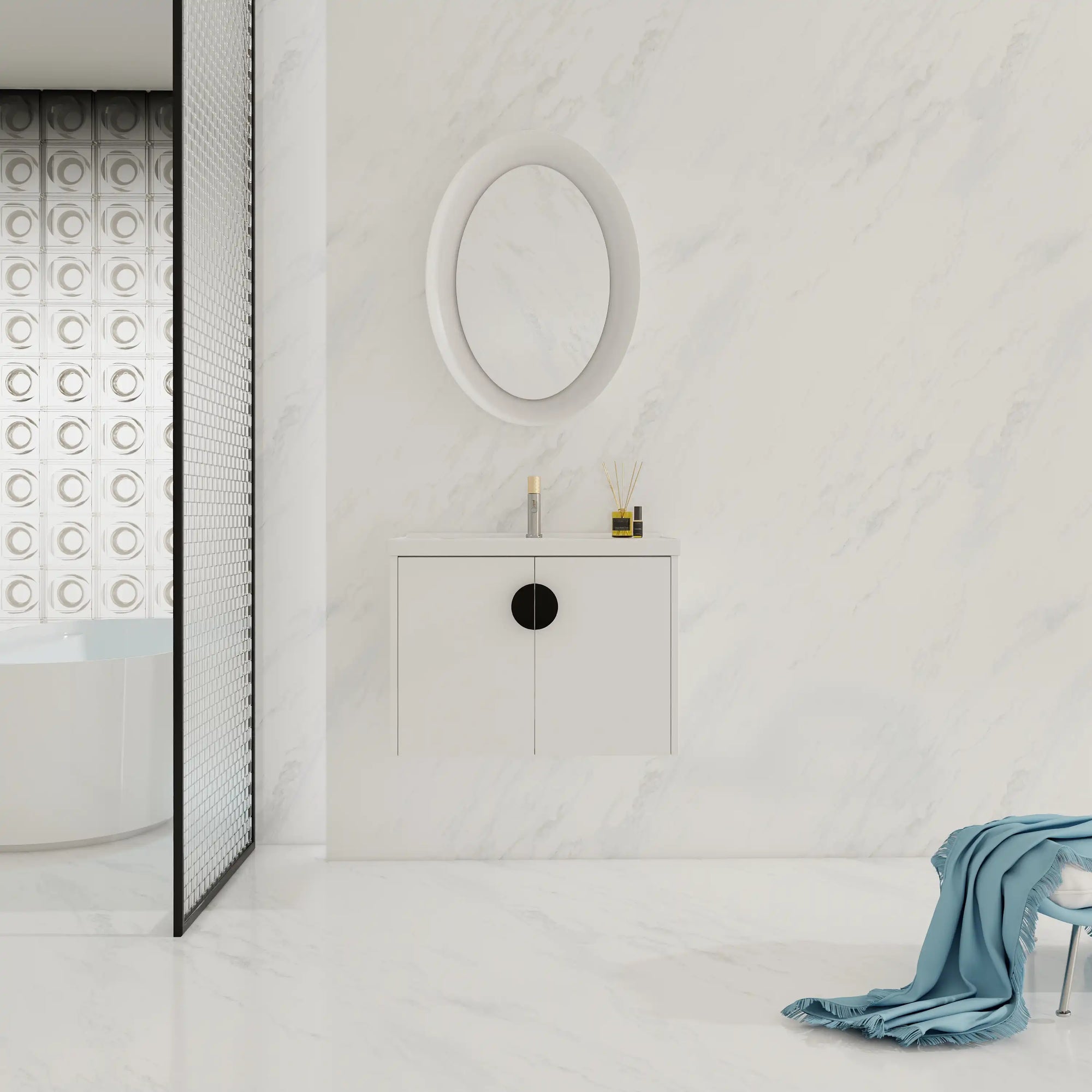 Bathroom scene featuring a 28 inch small floating vanity with black round handle | Ace Decor