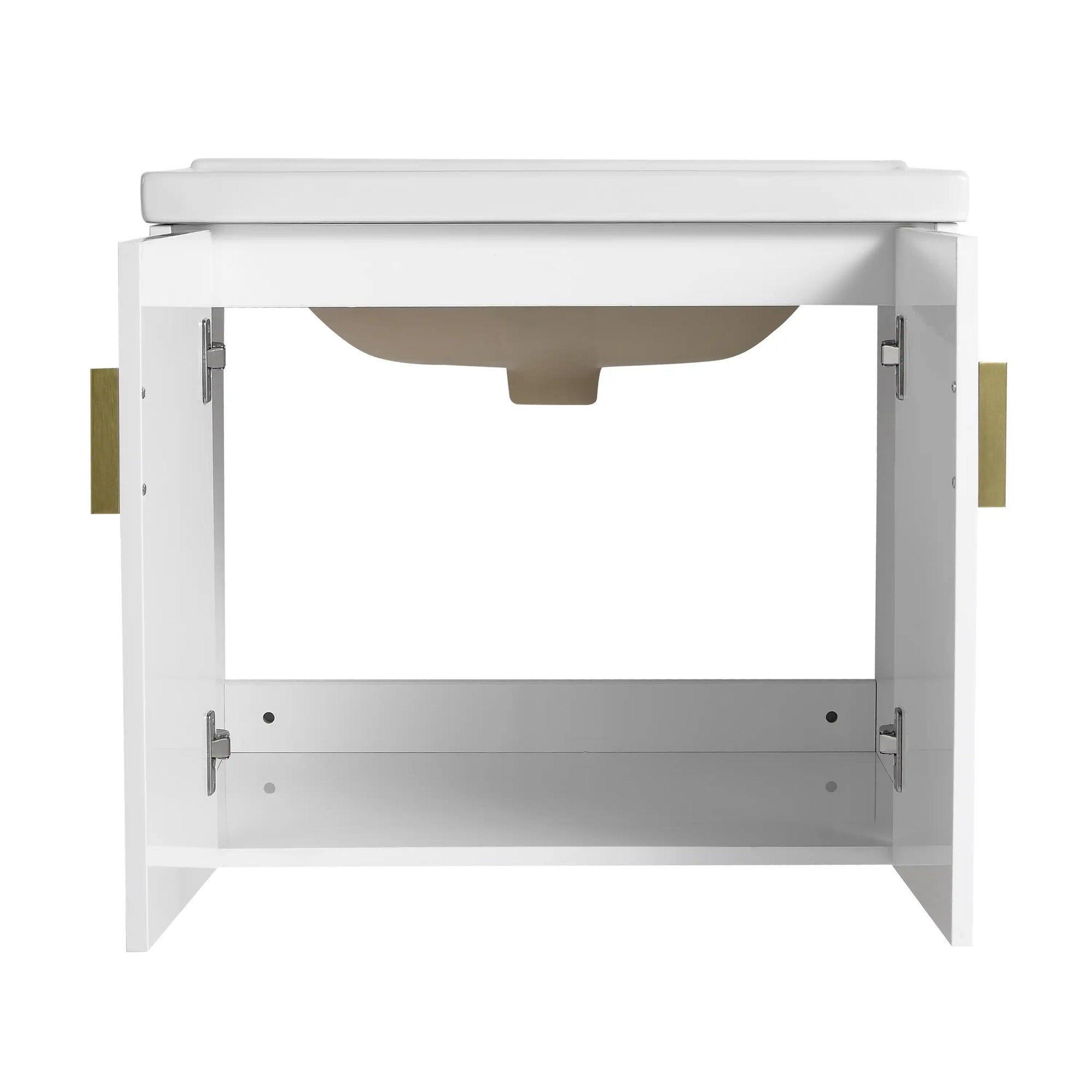 Interior view of 24 inch floating bathroom vanity with open storage and plumbing space | Ace Decor