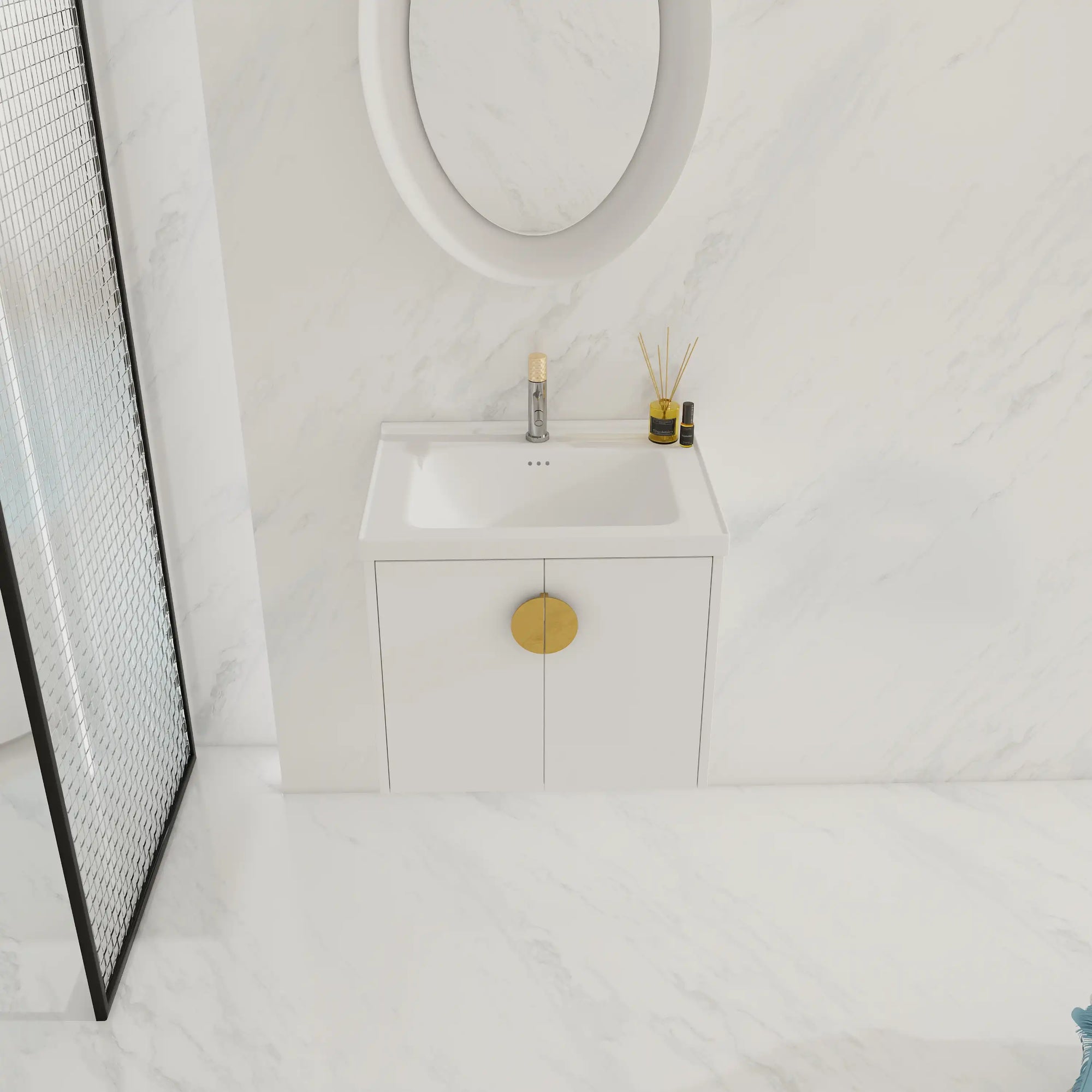 24 inch floating bathroom vanity with gold handle in modern bathroom setting | Ace Decor