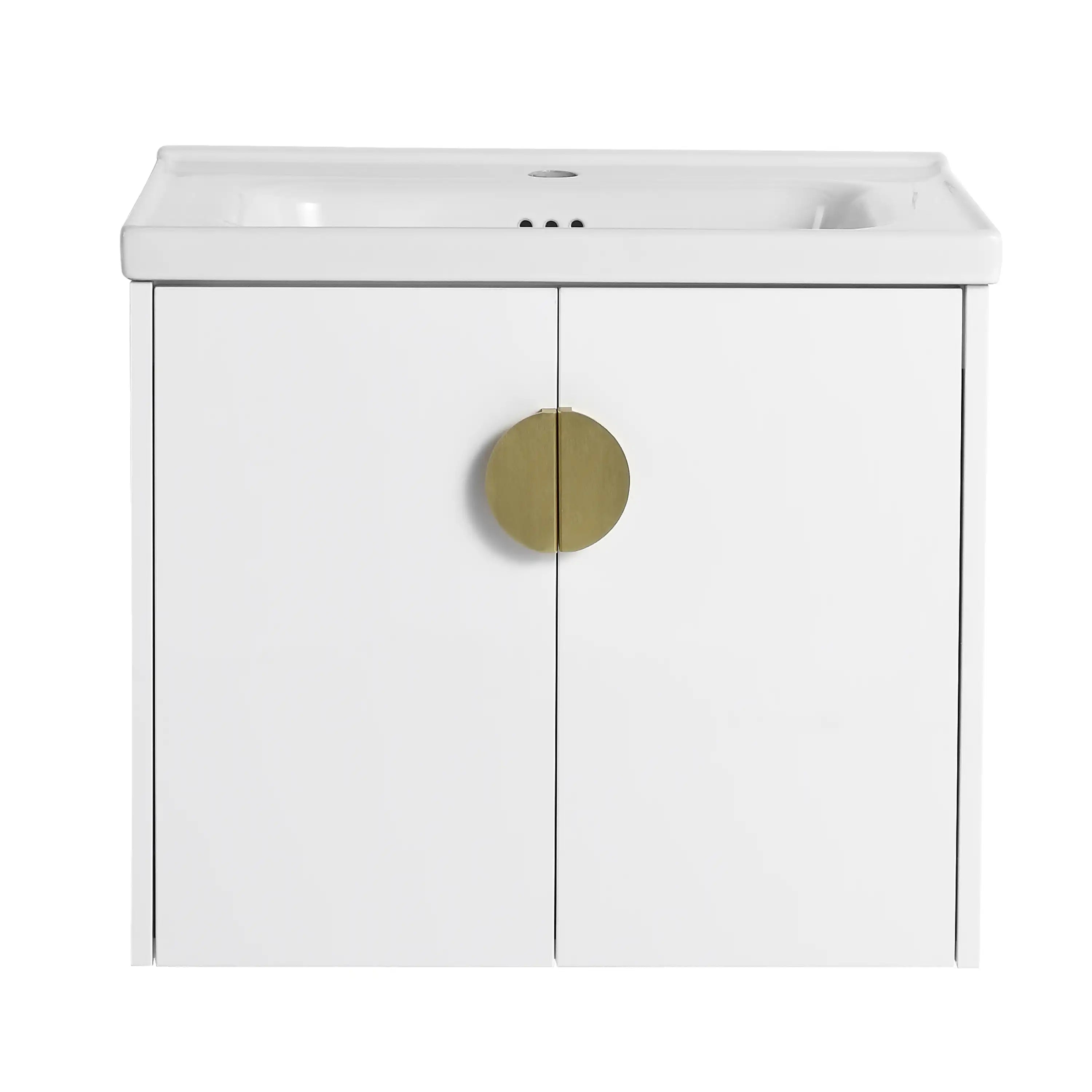 Front view of 24 inch white floating bathroom vanity with gold round handle | Ace Decor