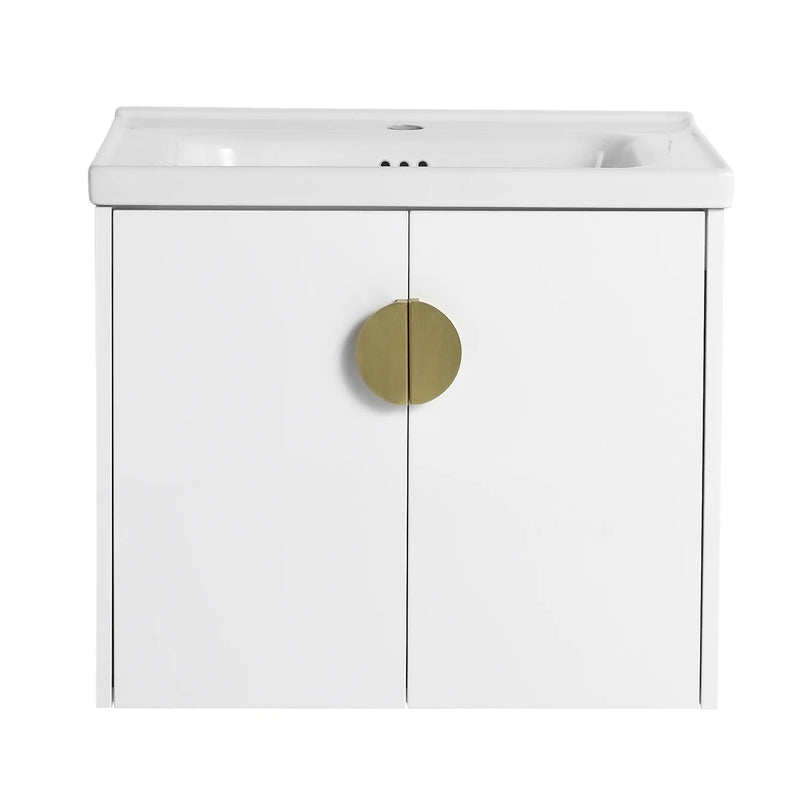 Civetta-Plain Series 24" White Floating Bathroom Vanity with Round Brass Handle & Integrated Sink