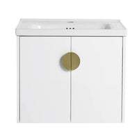 Front view of 24 inch white floating bathroom vanity with gold round handle | Ace Decor